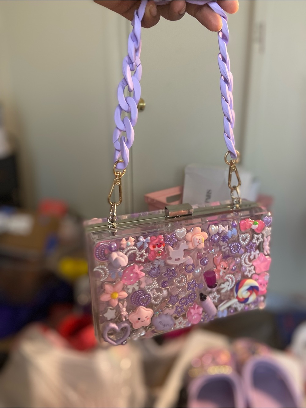 Clear Acrylic Crossbody Bag with Pink,Purple, and white Charms